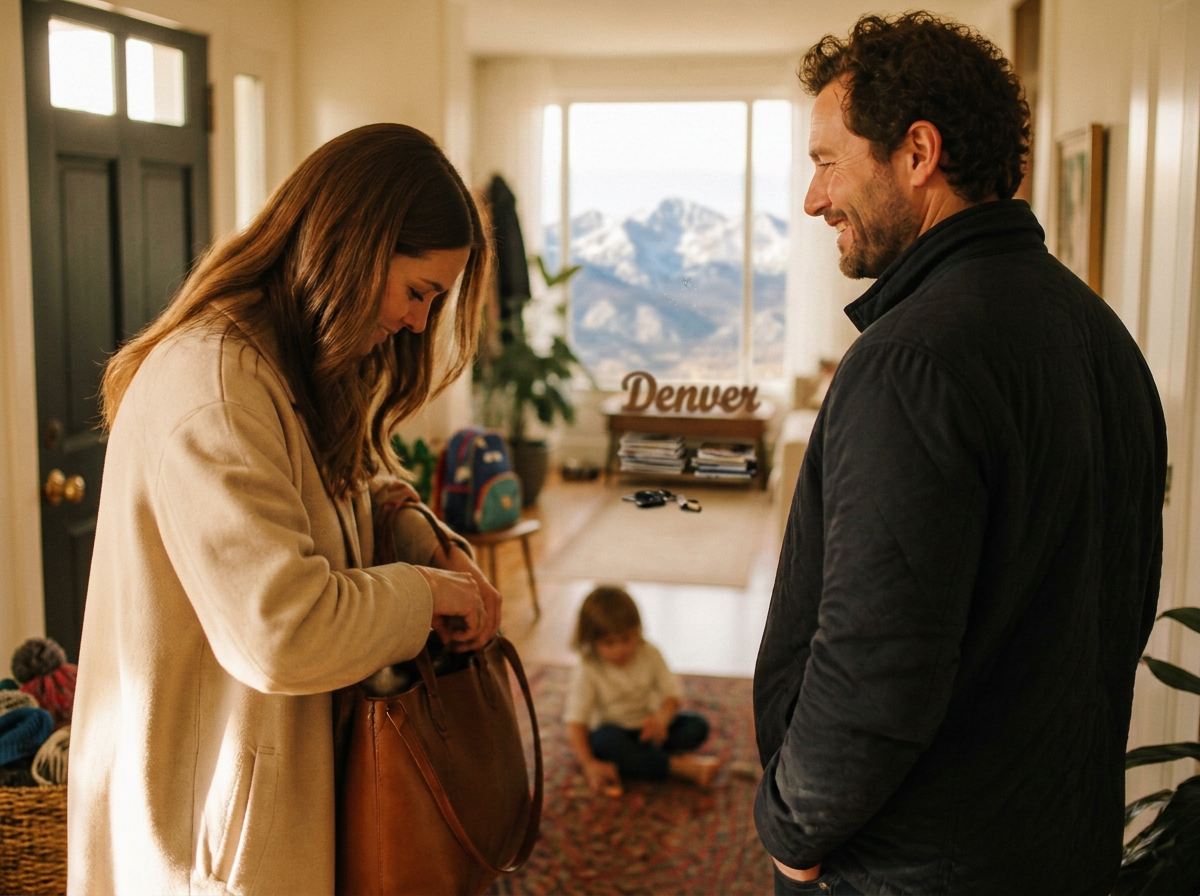 Denver parents getting ready to leave on a sunny day, with the Rocky Mountains visible through the window and their child playing nearby